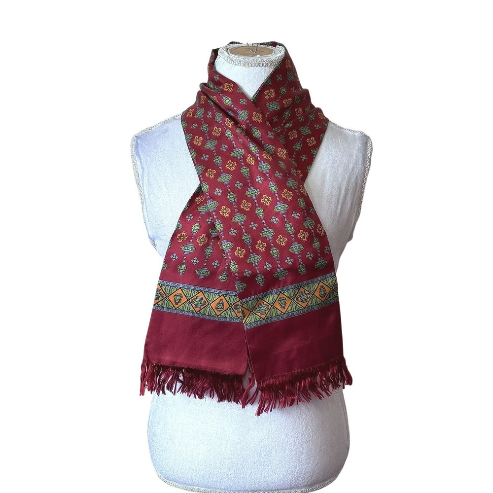 Vintage Pearl Hand Printed Silk Scarf Burgundy Red Vessel Print Fringe One Size